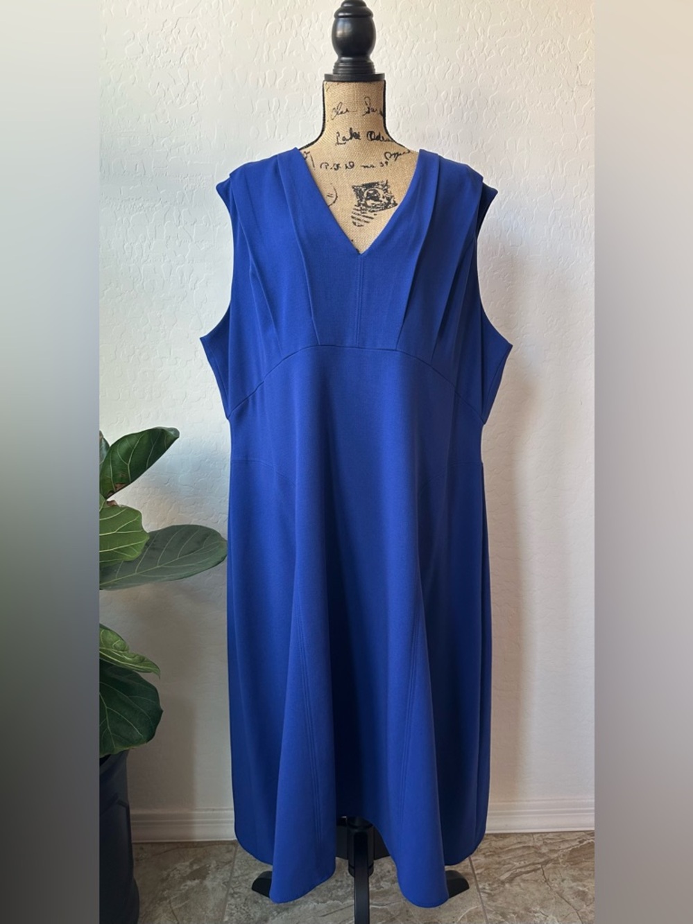 Donna Karan Royal Blue Sleeveless V-Neck Midi Dress